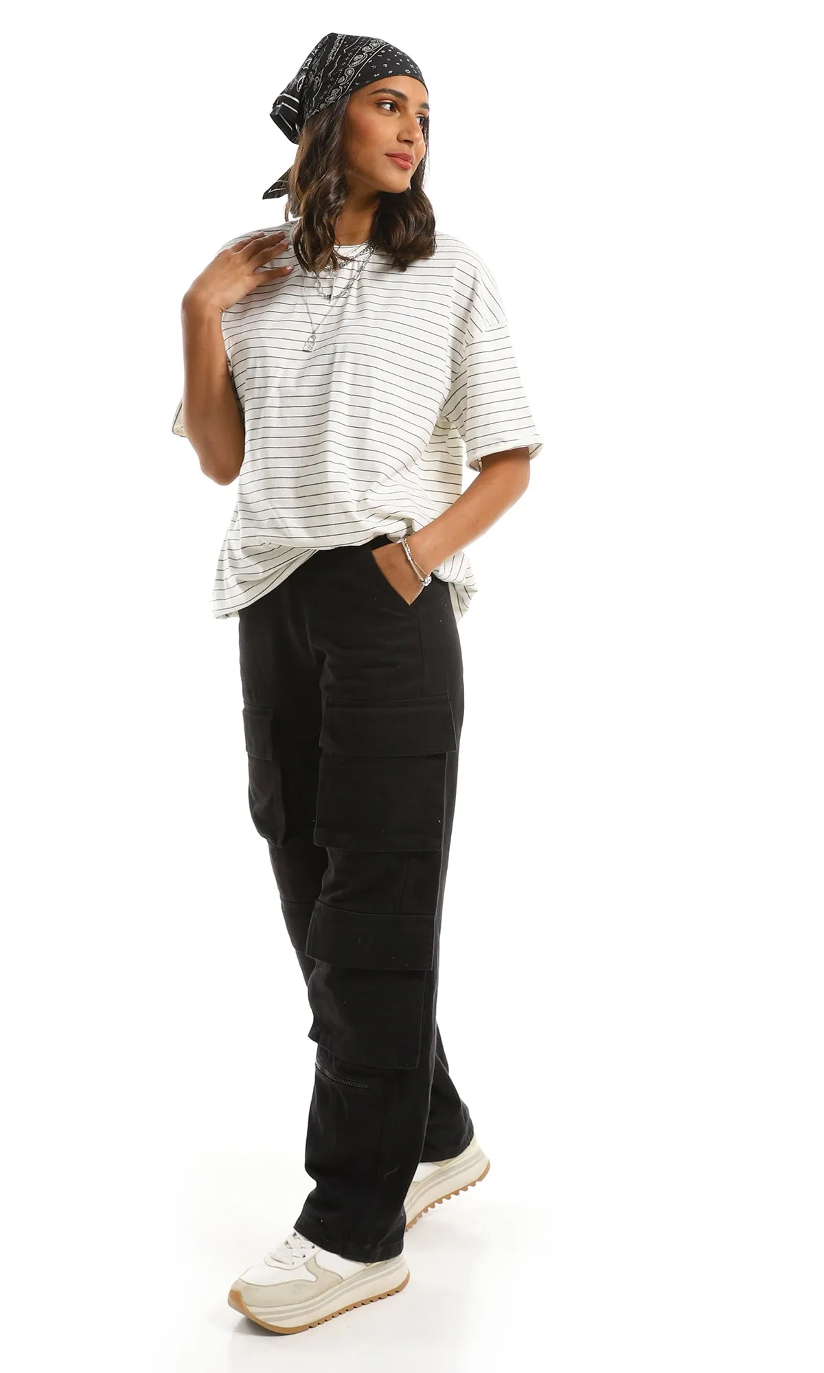 97621 Oversized Striped Long White T-Shirt