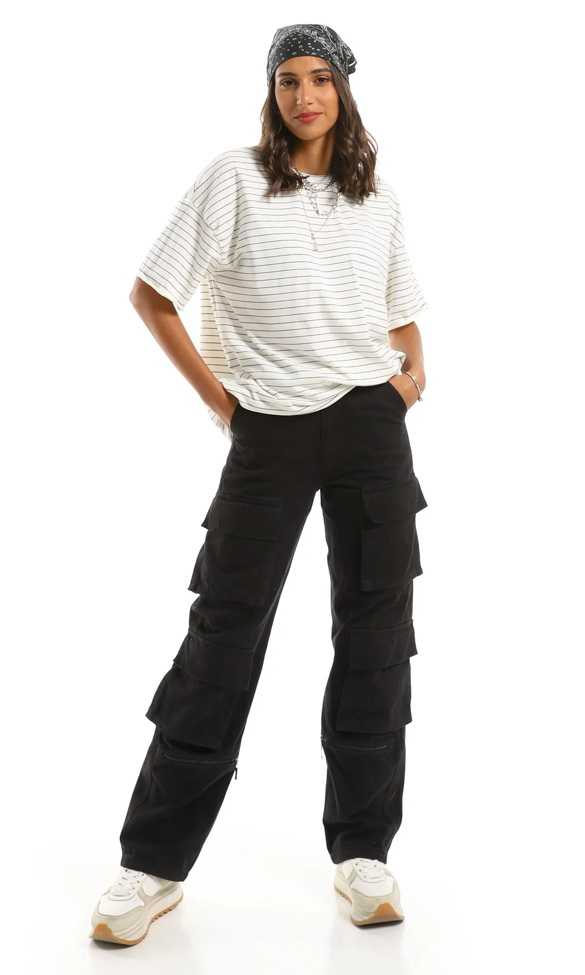 97621 Oversized Striped Long White T-Shirt
