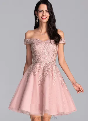 A-Line Dress Off-the-Shoulder Short/Mini Beading With Homecoming Tulle Homecoming Dresses Dominique Lace