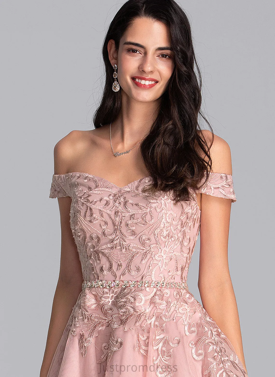 A-Line Dress Off-the-Shoulder Short/Mini Beading With Homecoming Tulle Homecoming Dresses Dominique Lace