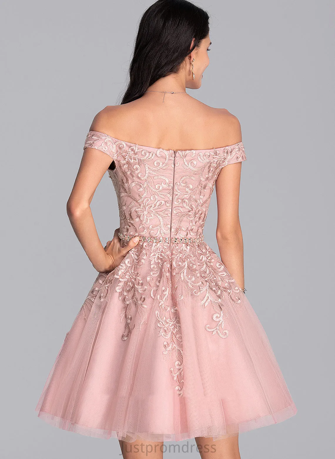 A-Line Dress Off-the-Shoulder Short/Mini Beading With Homecoming Tulle Homecoming Dresses Dominique Lace