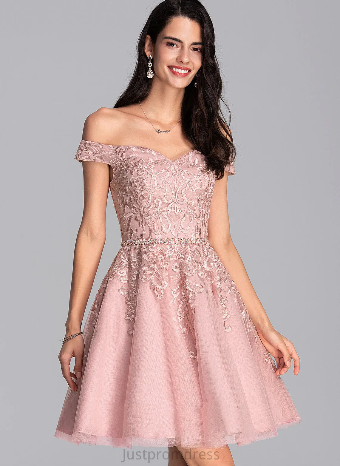 A-Line Dress Off-the-Shoulder Short/Mini Beading With Homecoming Tulle Homecoming Dresses Dominique Lace