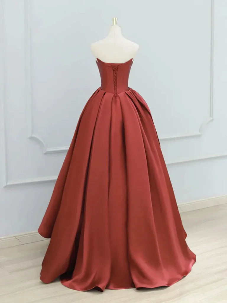 A-Line Satin Burgundy Long Strapless Prom Dress Ball Gown