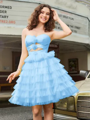 A-line Strapless Tulle Tiered Short Dress Blue