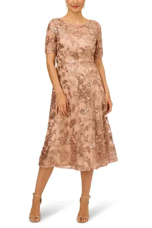 Adrianna Papell boat neck short sleeve sequined embroidered zipper back A-line mesh dress