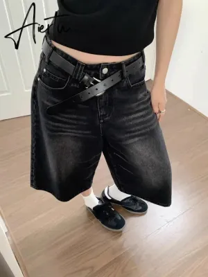 Aiertu Y2k Aesthetic Summer Casual Denim Shorts Women Vintage Seven Points Trousers Jeans 2024 Harajuku High Waist Wide Leg Pants