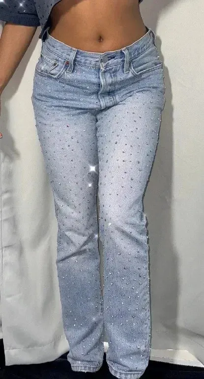 American Jeans Y2K Pants Womens Gothic Hip Hop Pocket Sequins Rhinestone Retro Blue Jeans Fashion Slim High Waist Trousers