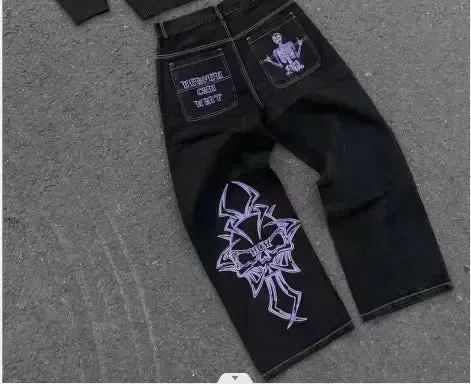 American Jeans Y2K Pants Womens Gothic Hip Hop Pocket Sequins Rhinestone Retro Blue Jeans Fashion Slim High Waist Trousers