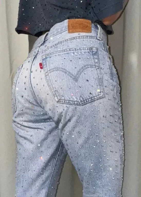 American Jeans Y2K Pants Womens Gothic Hip Hop Pocket Sequins Rhinestone Retro Blue Jeans Fashion Slim High Waist Trousers