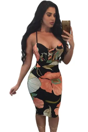 Black Floral Spaghetti Strap Midi Dress