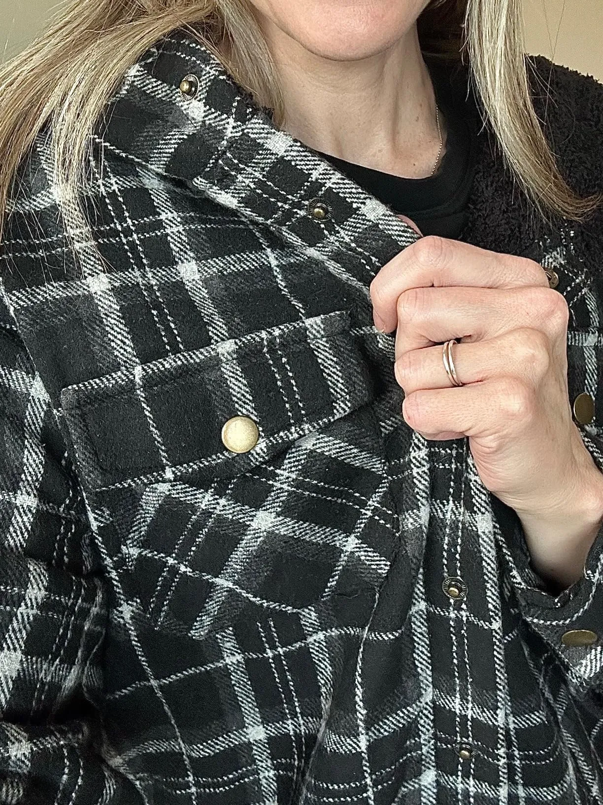 Blue Orange Woman Fleece Jacket Plaid Shacket Long Sleeve Button Down  - Dokotoo