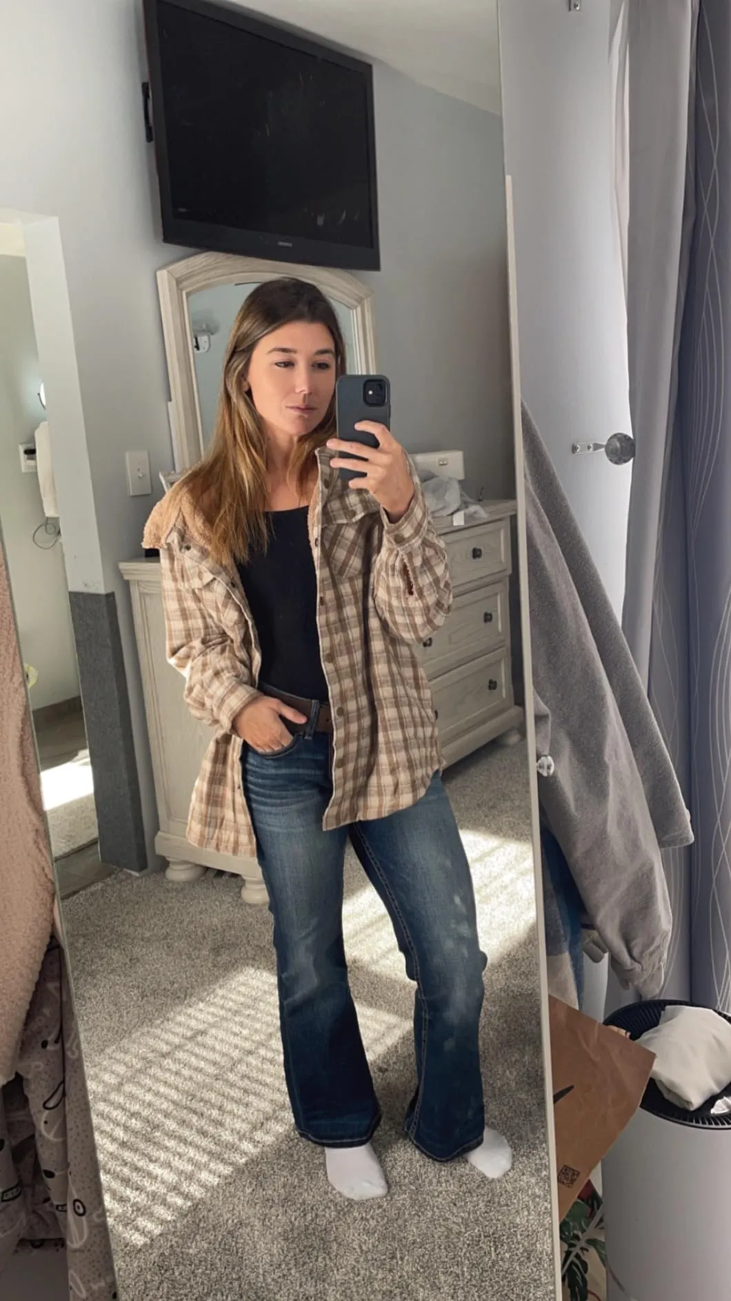 Blue Orange Woman Fleece Jacket Plaid Shacket Long Sleeve Button Down  - Dokotoo
