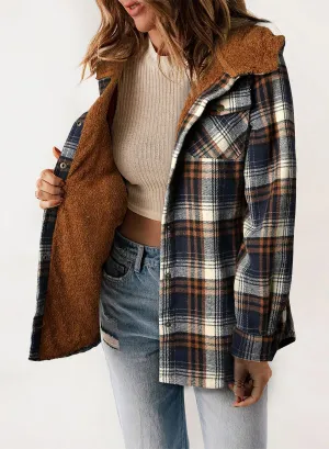 Blue Orange Woman Fleece Jacket Plaid Shacket Long Sleeve Button Down  - Dokotoo