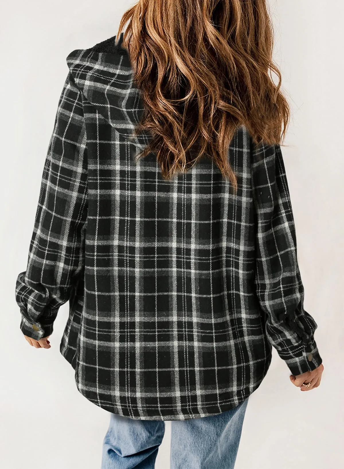 Blue Orange Woman Fleece Jacket Plaid Shacket Long Sleeve Button Down  - Dokotoo