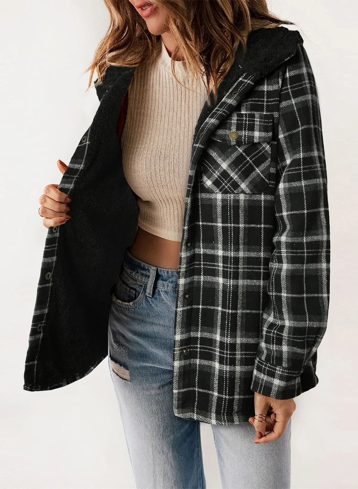 Blue Orange Woman Fleece Jacket Plaid Shacket Long Sleeve Button Down  - Dokotoo