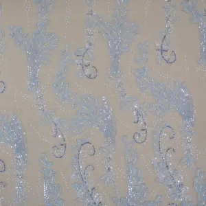 Blue Tulle with Blue High Rise Floral with Blue Pearls and Rhinestones Design Embroidered Fabric