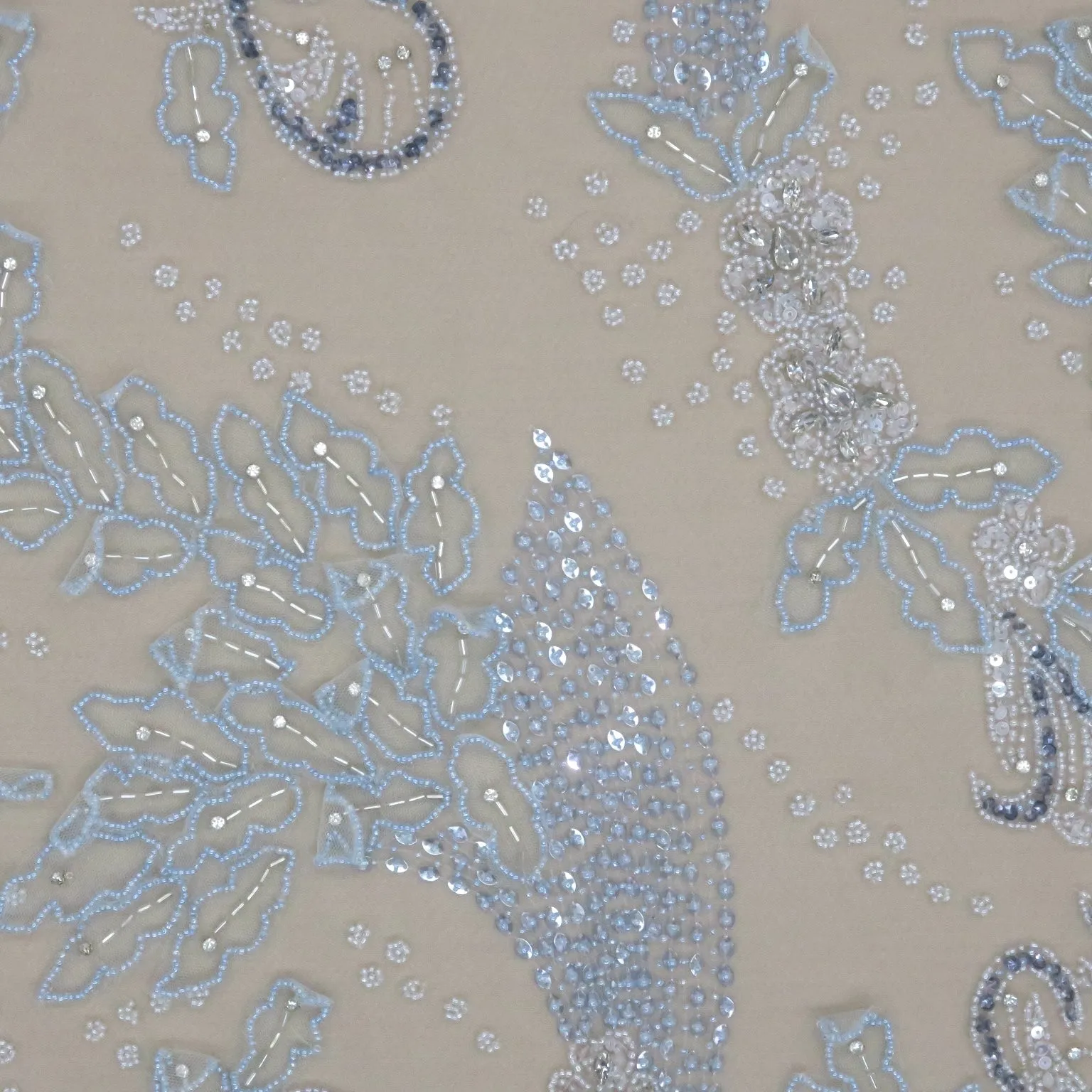 Blue Tulle with Blue High Rise Floral with Blue Pearls and Rhinestones Design Embroidered Fabric