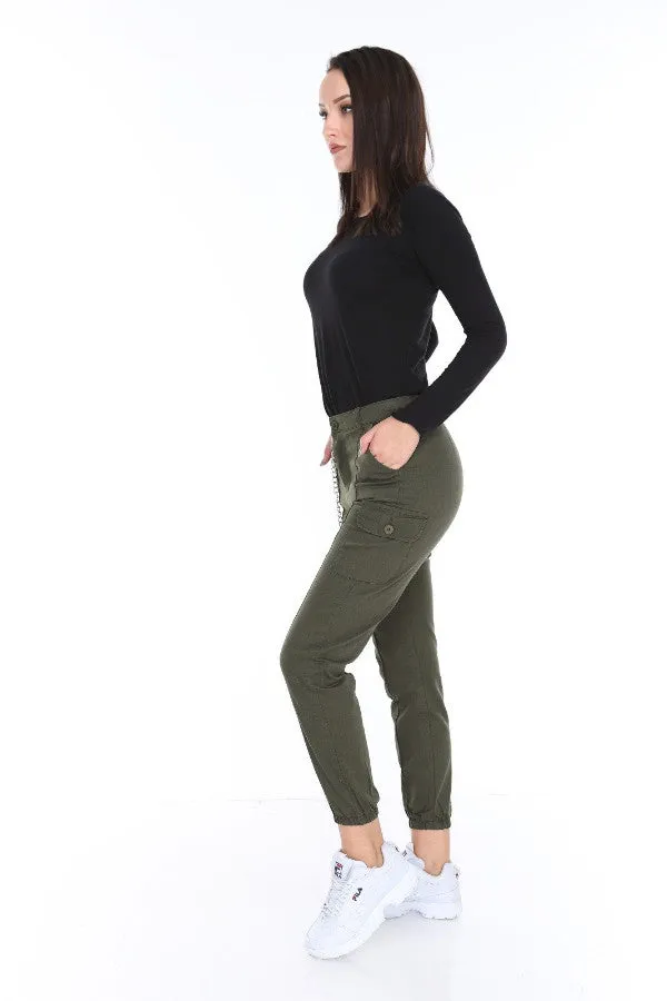 Chain Detail Slim Fit Stretchy Khaki Cargo Trousers