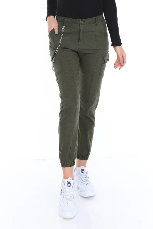 Chain Detail Slim Fit Stretchy Khaki Cargo Trousers