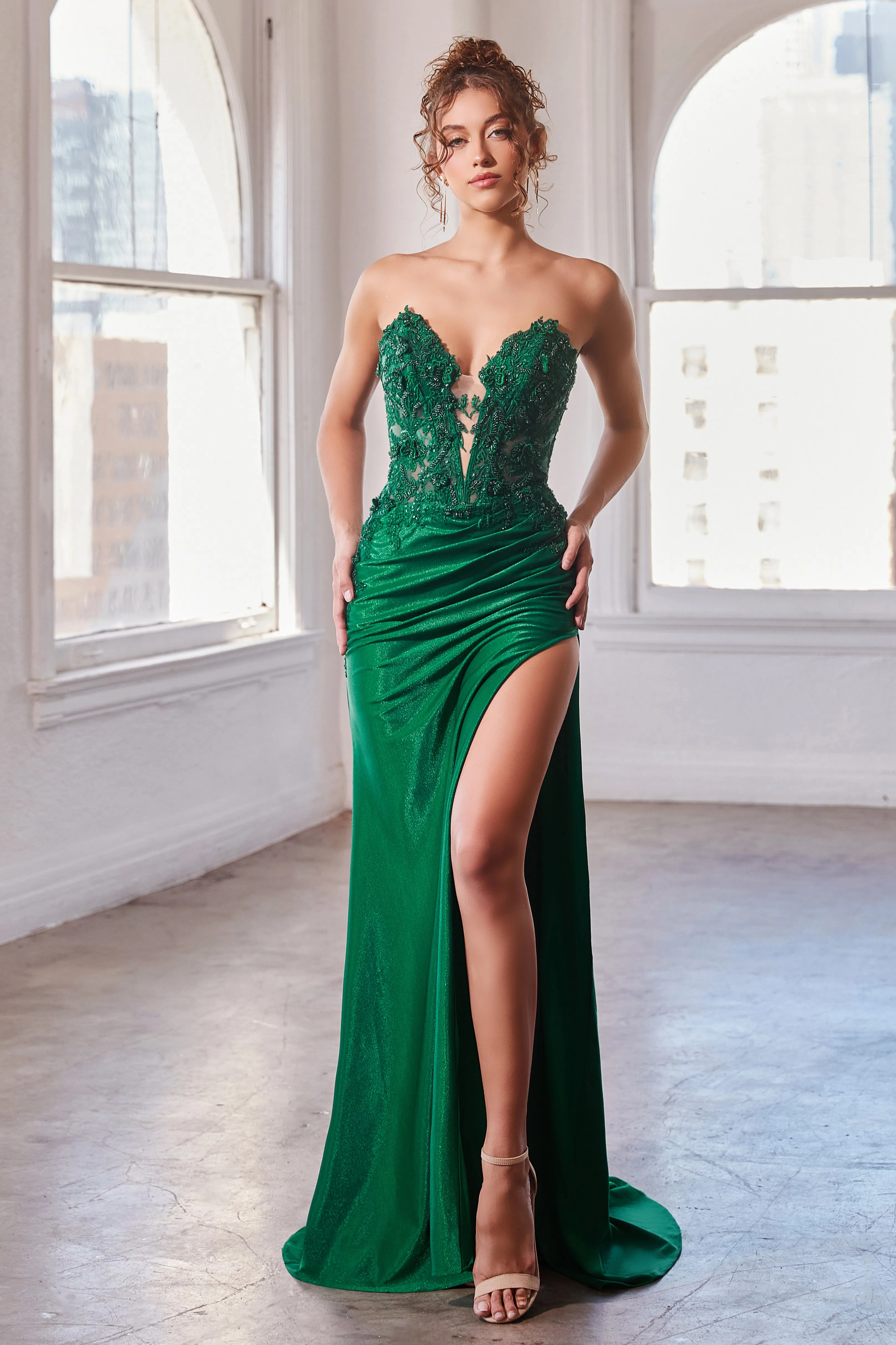 CINDERELLA DIVINE CDS465 Fitted Lace Strapless Gown with Slit