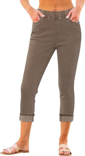 Coffee Brown - Acid Wash Women's High Waisted Elastic Slight Stretch Denim Pull On Cuffed Hem Capri Jeans Denim Pants