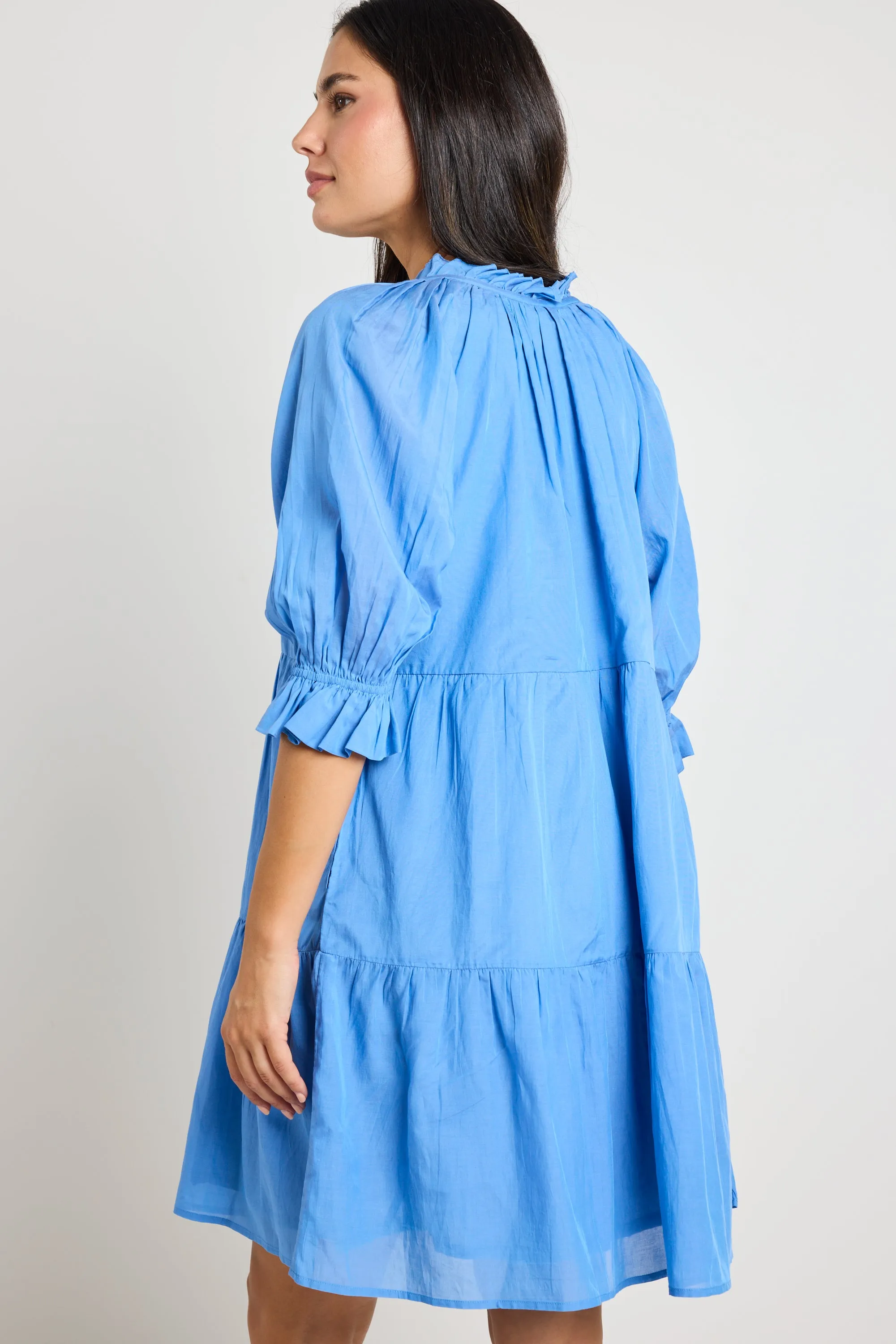 Composer Blue Cotton Voile SS Tie Front Mini Shift Dress