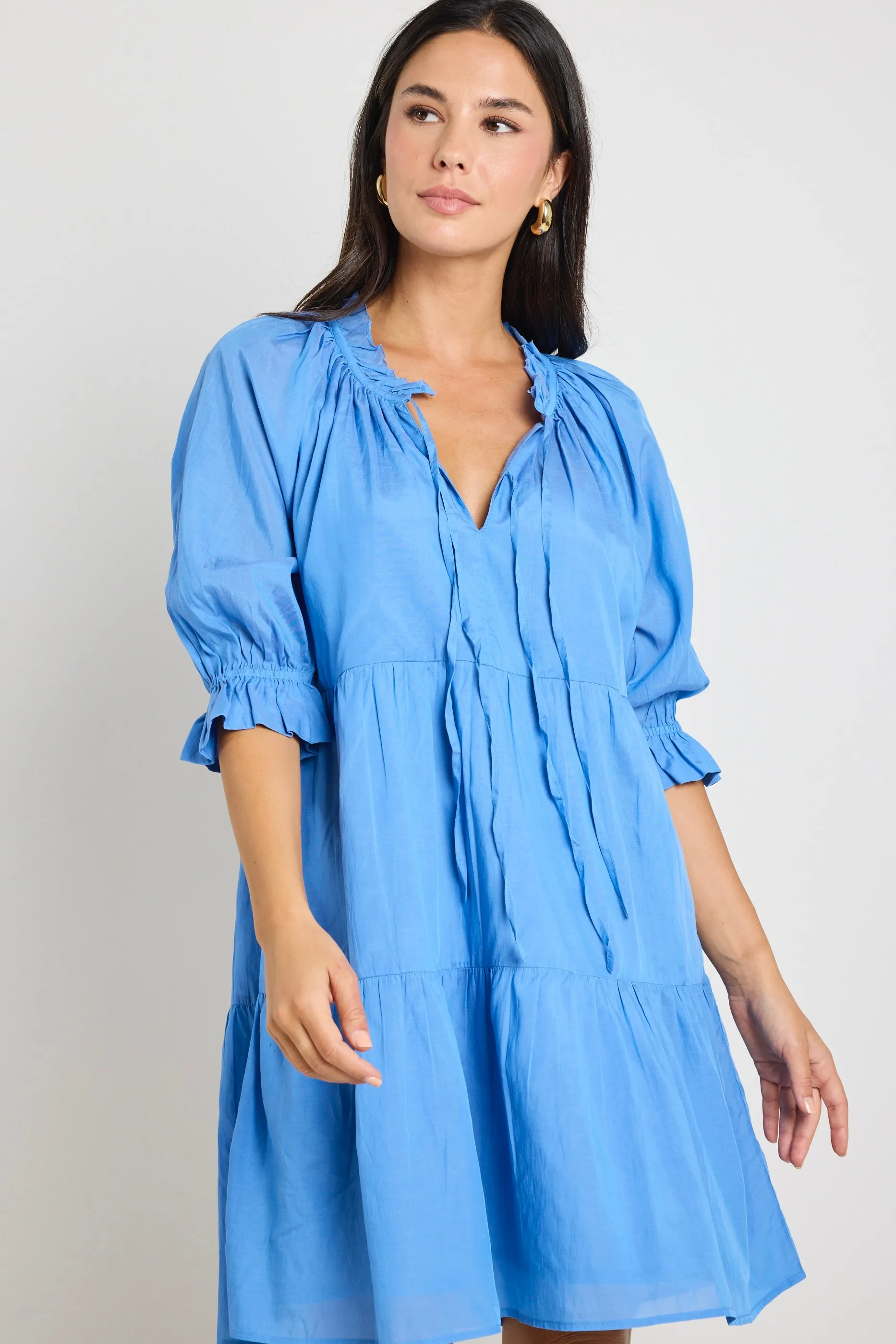 Composer Blue Cotton Voile SS Tie Front Mini Shift Dress