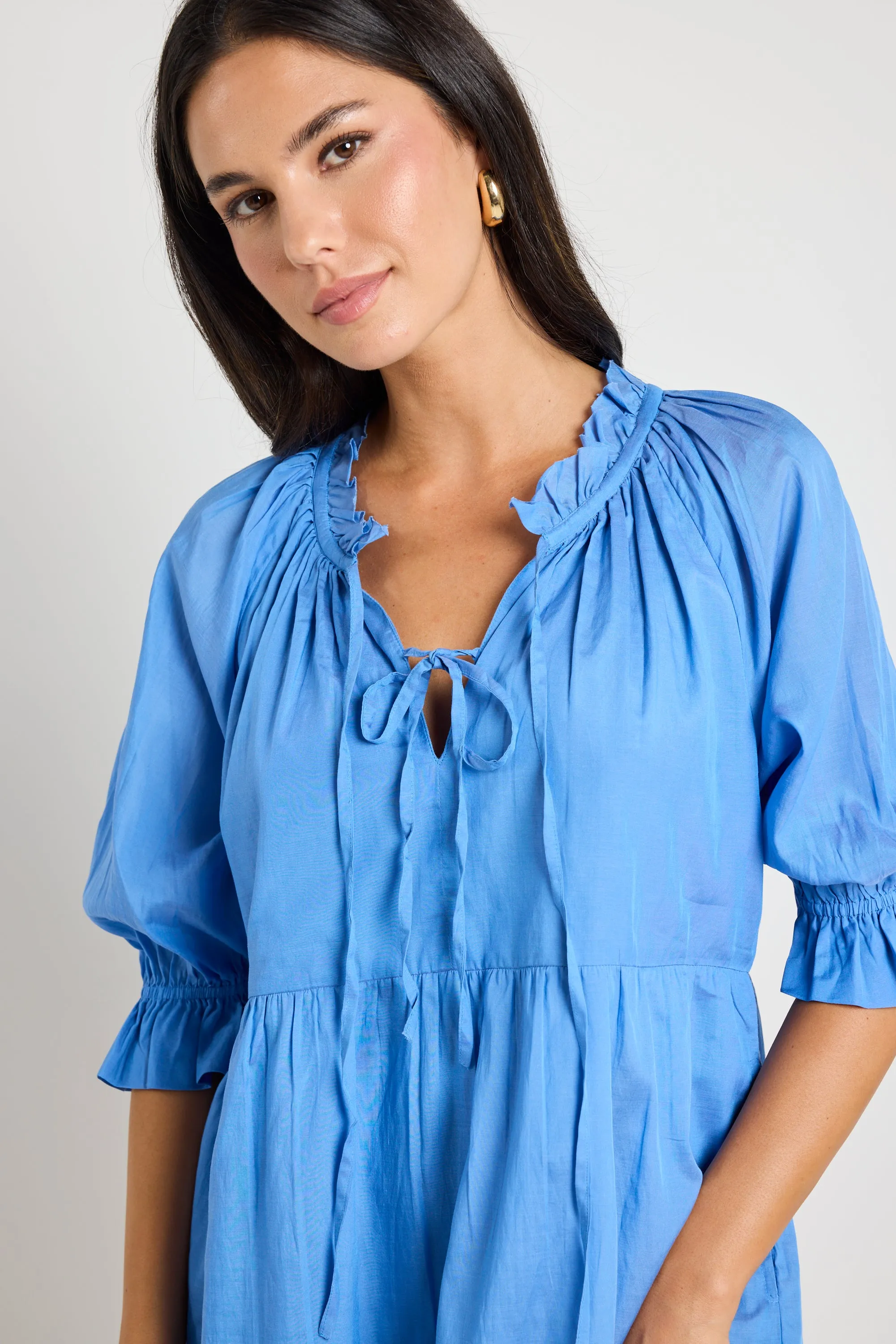 Composer Blue Cotton Voile SS Tie Front Mini Shift Dress