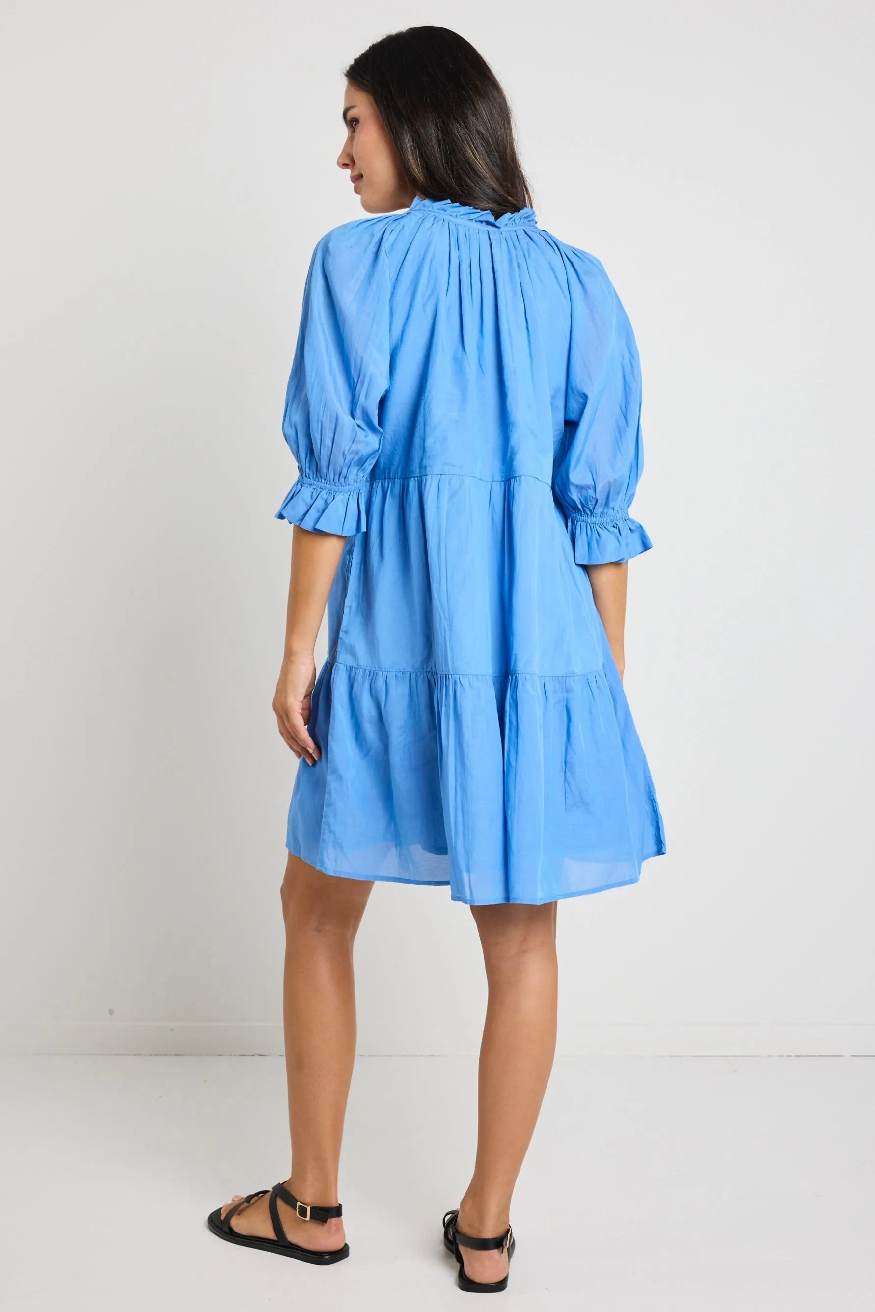 Composer Blue Cotton Voile SS Tie Front Mini Shift Dress