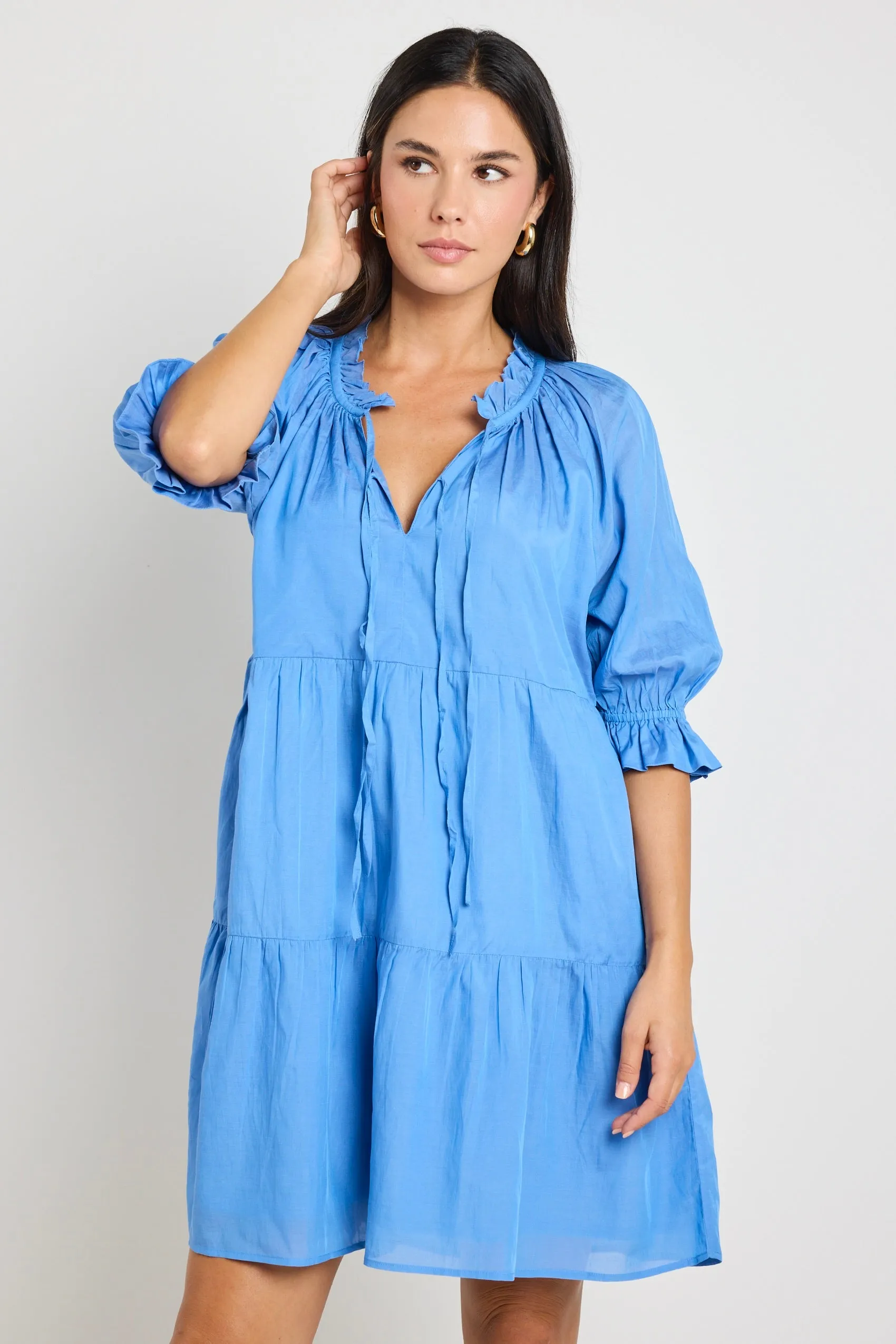 Composer Blue Cotton Voile SS Tie Front Mini Shift Dress