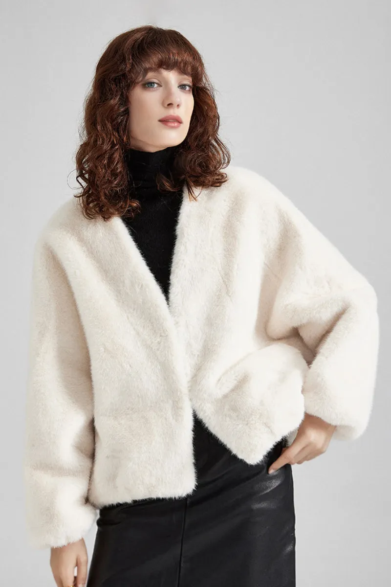 Cropped V-Neck Faux Fur Jacket