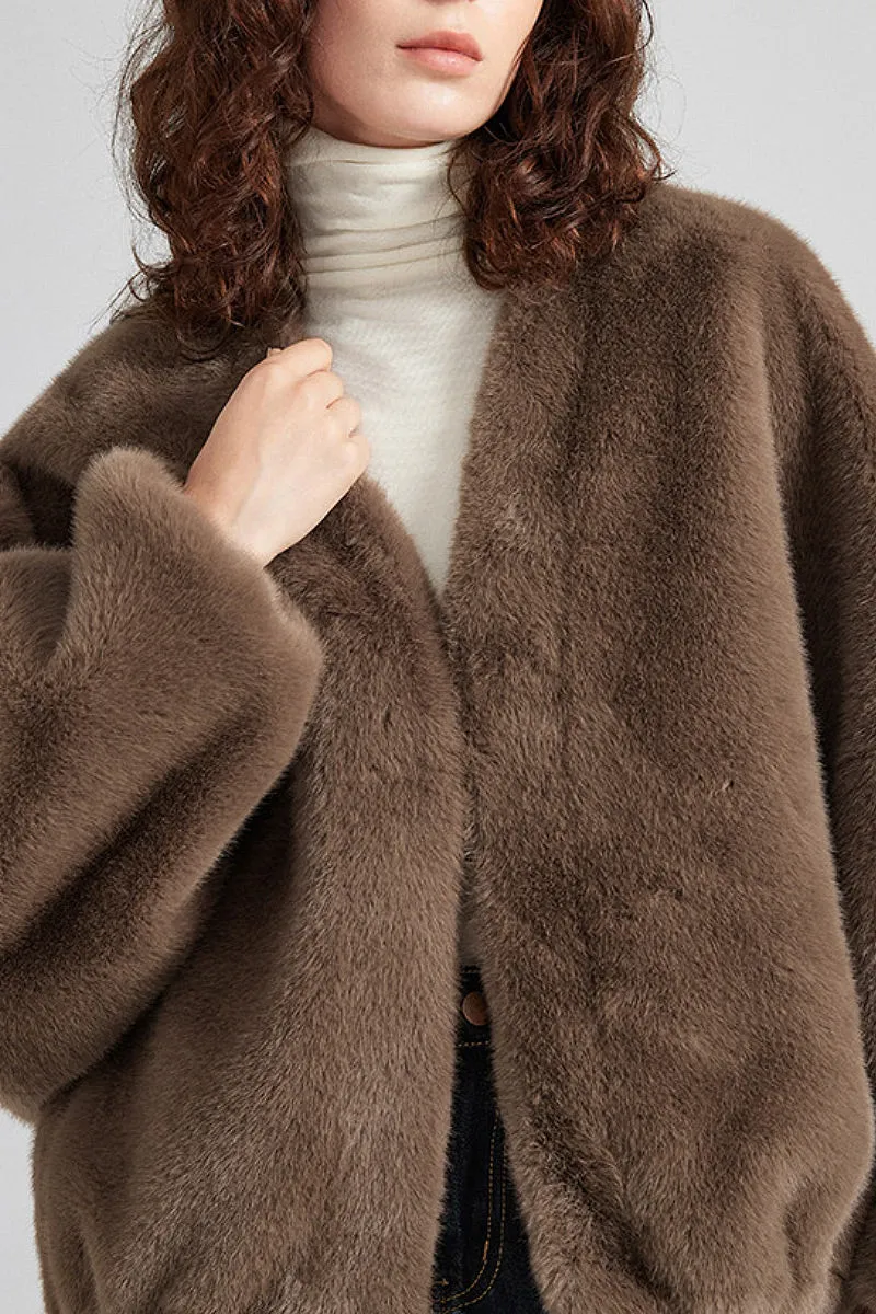 Cropped V-Neck Faux Fur Jacket