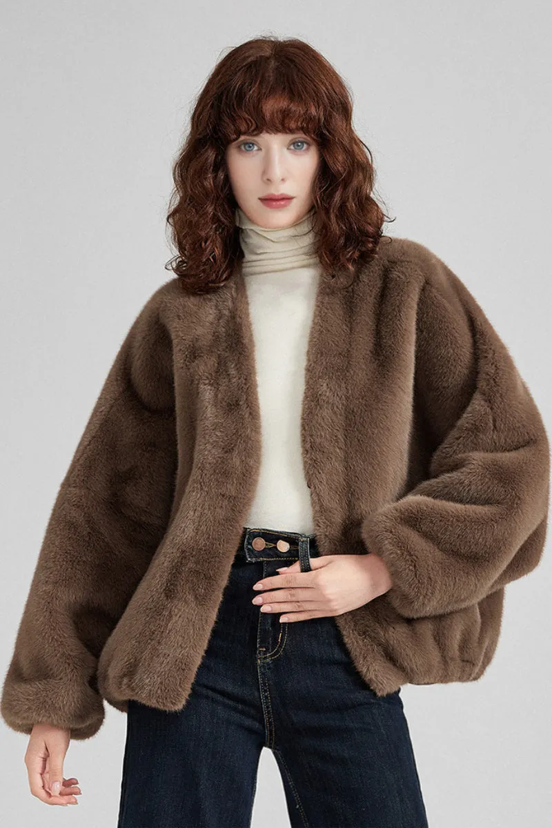 Cropped V-Neck Faux Fur Jacket