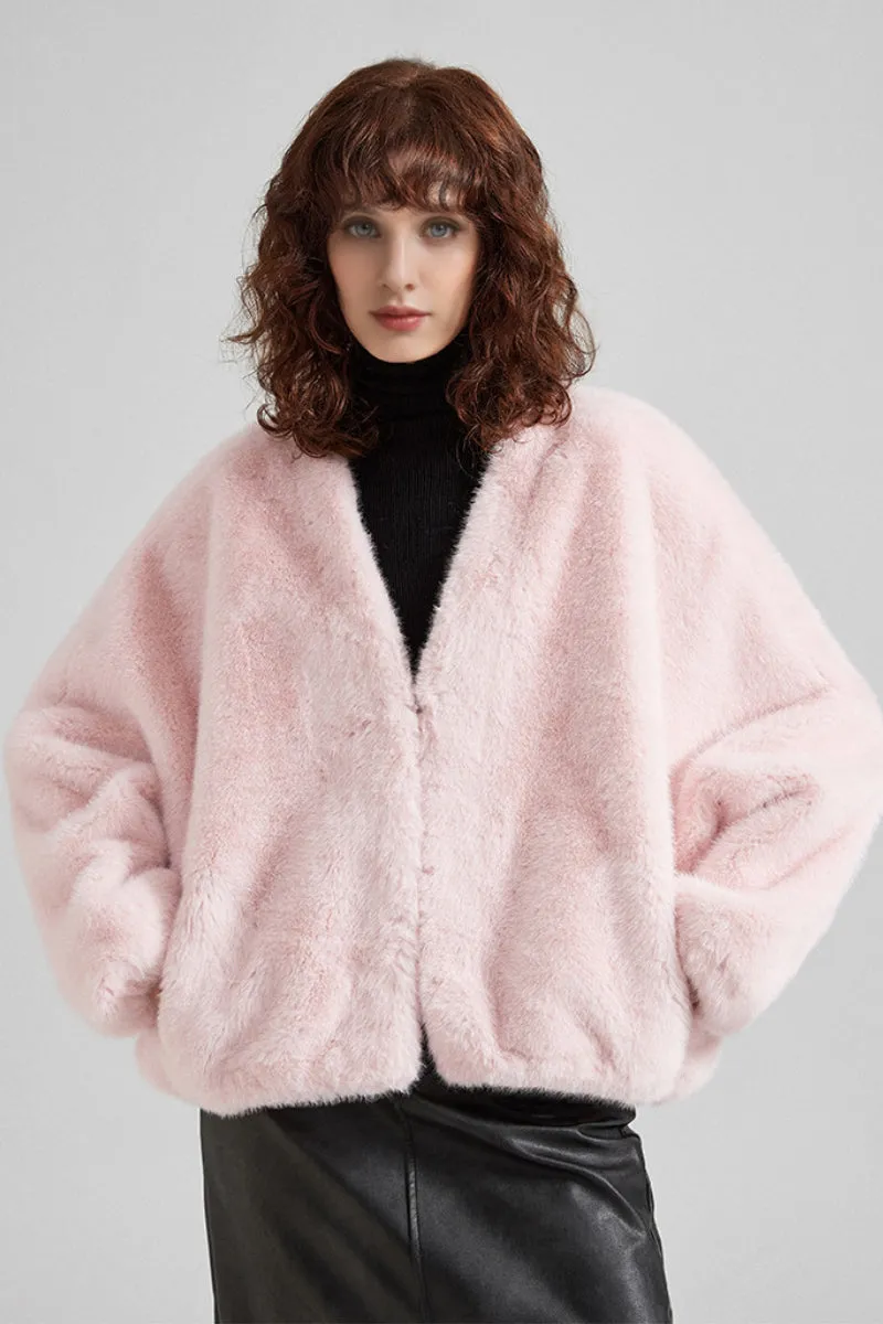 Cropped V-Neck Faux Fur Jacket