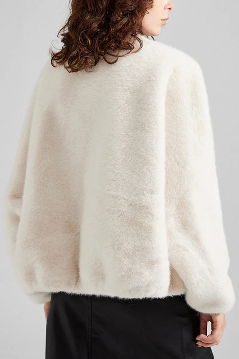 Cropped V-Neck Faux Fur Jacket