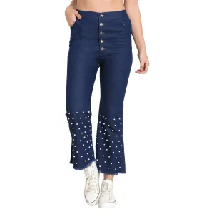 Dark Blue Pearl Embellished Flared Jeans