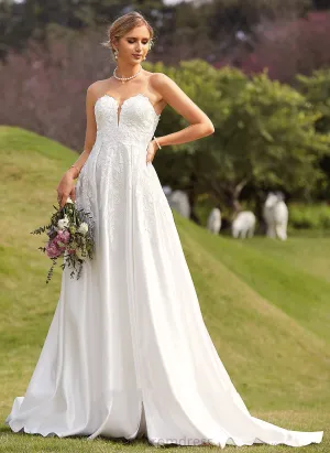 Dress Sweetheart Lace Split Ball-Gown/Princess Satin Front Elaina Chapel Wedding Wedding Dresses Train With