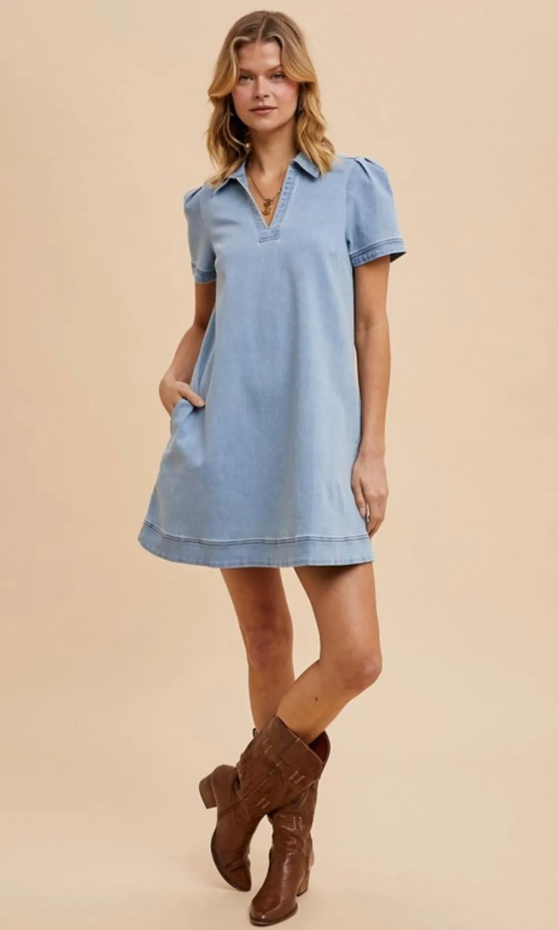 Dru Collared Denim Shift Dress