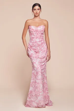 Floral Print Fitted Strapless Gown by Ladivine 7445