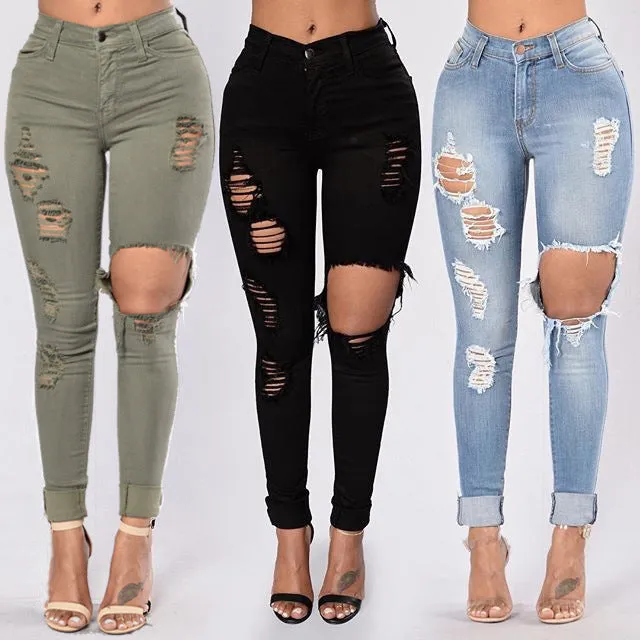 High Temperament Commute Waist Elastic Running Ripped Pencil Jeans