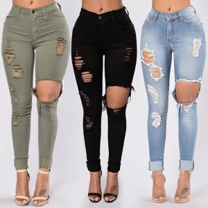 High Temperament Commute Waist Elastic Running Ripped Pencil Jeans