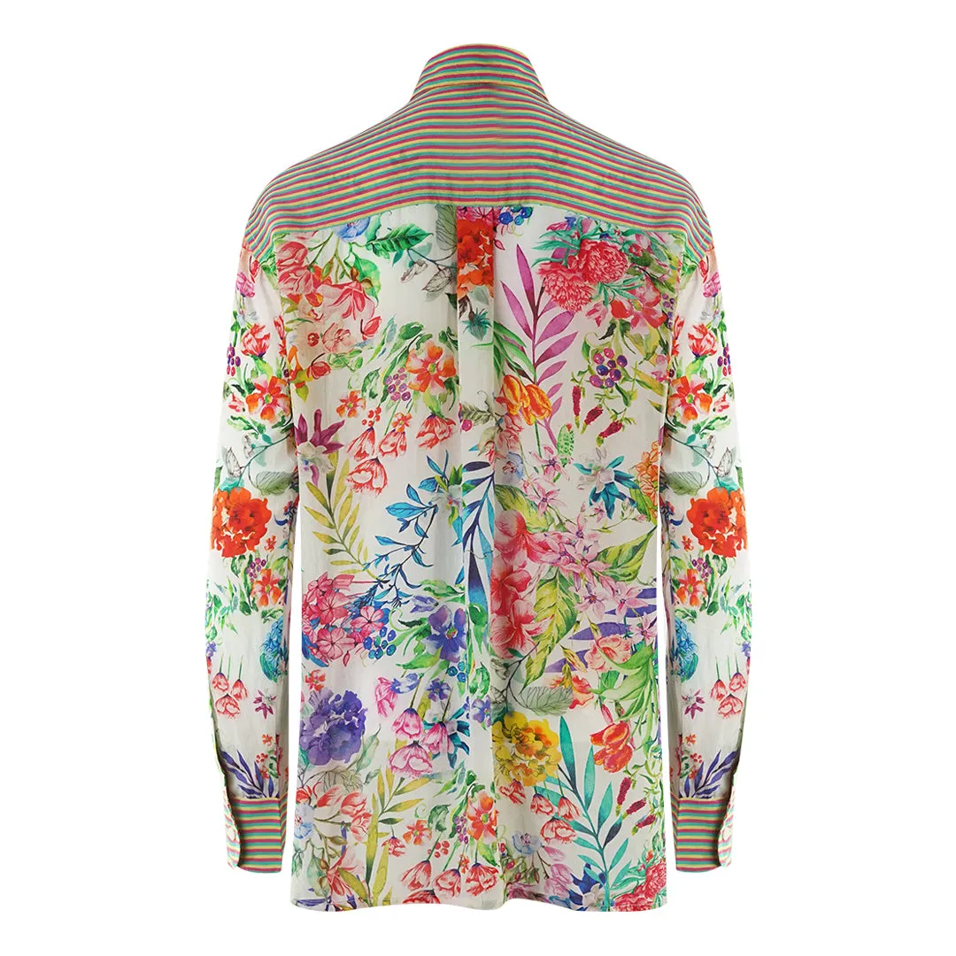 Inoa White Floral 1947 Multicoloured Long Sleeve Blouse Silk Shirt