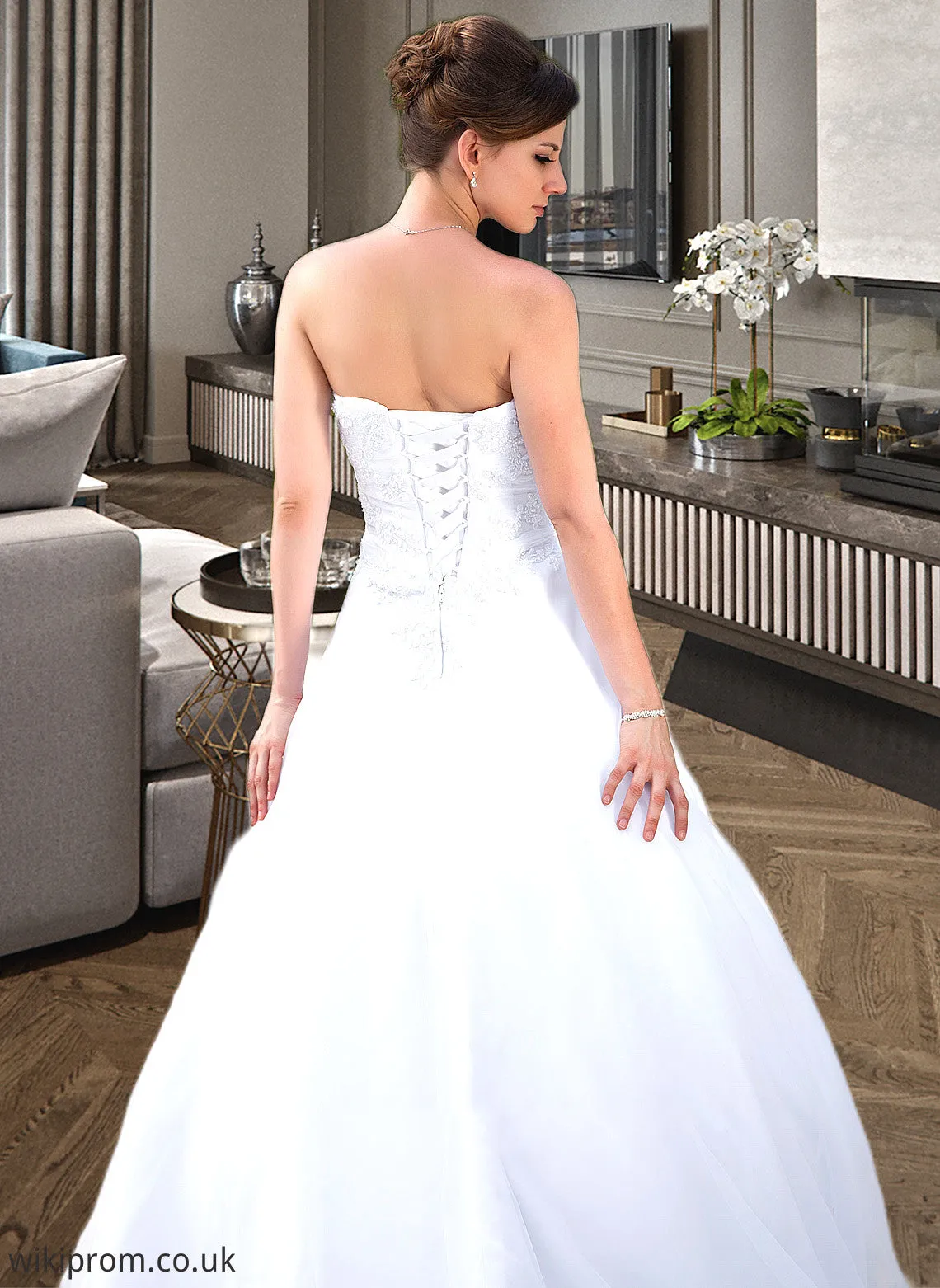 Karen Ball-Gown/Princess Strapless Chapel Train Satin Organza Wedding Dress With Lace Beading SWKP0013796