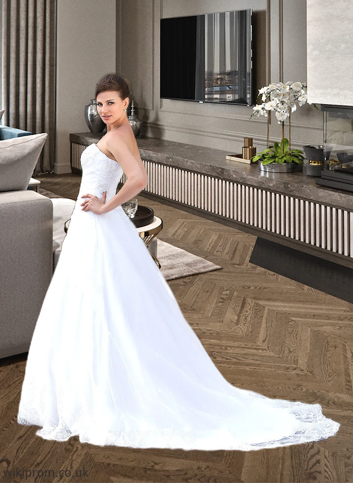 Karen Ball-Gown/Princess Strapless Chapel Train Satin Organza Wedding Dress With Lace Beading SWKP0013796