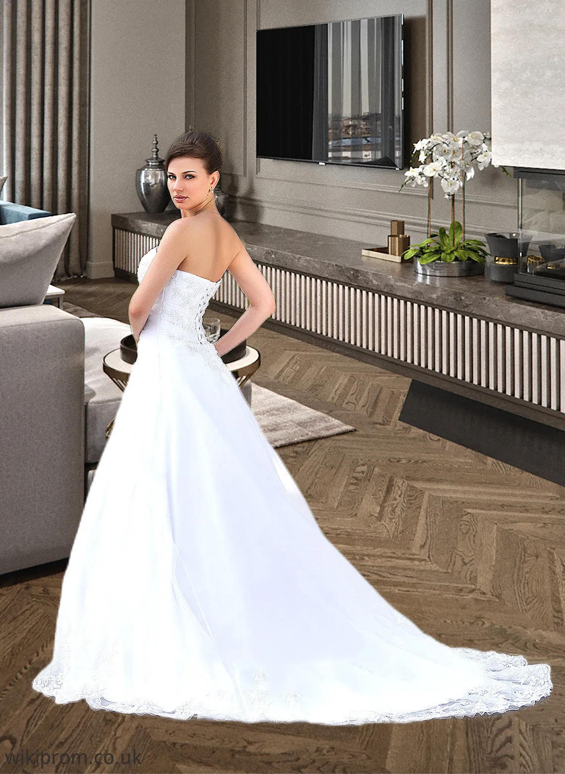 Karen Ball-Gown/Princess Strapless Chapel Train Satin Organza Wedding Dress With Lace Beading SWKP0013796