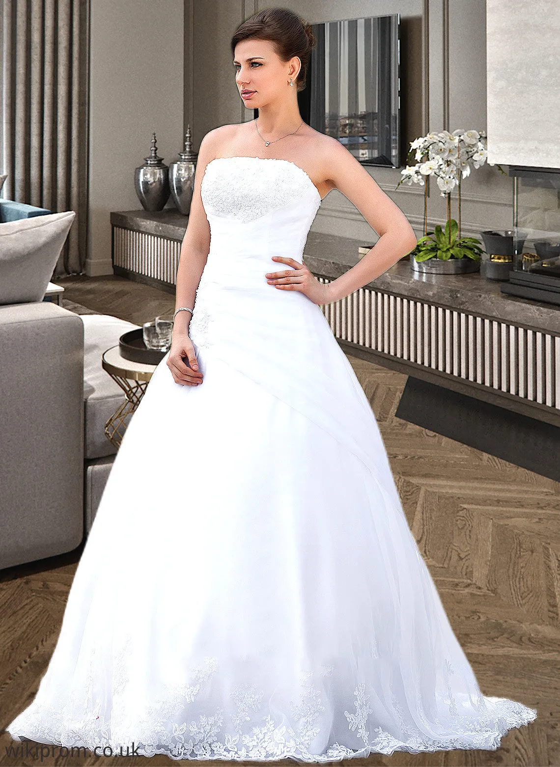 Karen Ball-Gown/Princess Strapless Chapel Train Satin Organza Wedding Dress With Lace Beading SWKP0013796