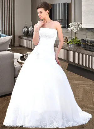 Karen Ball-Gown/Princess Strapless Chapel Train Satin Organza Wedding Dress With Lace Beading SWKP0013796
