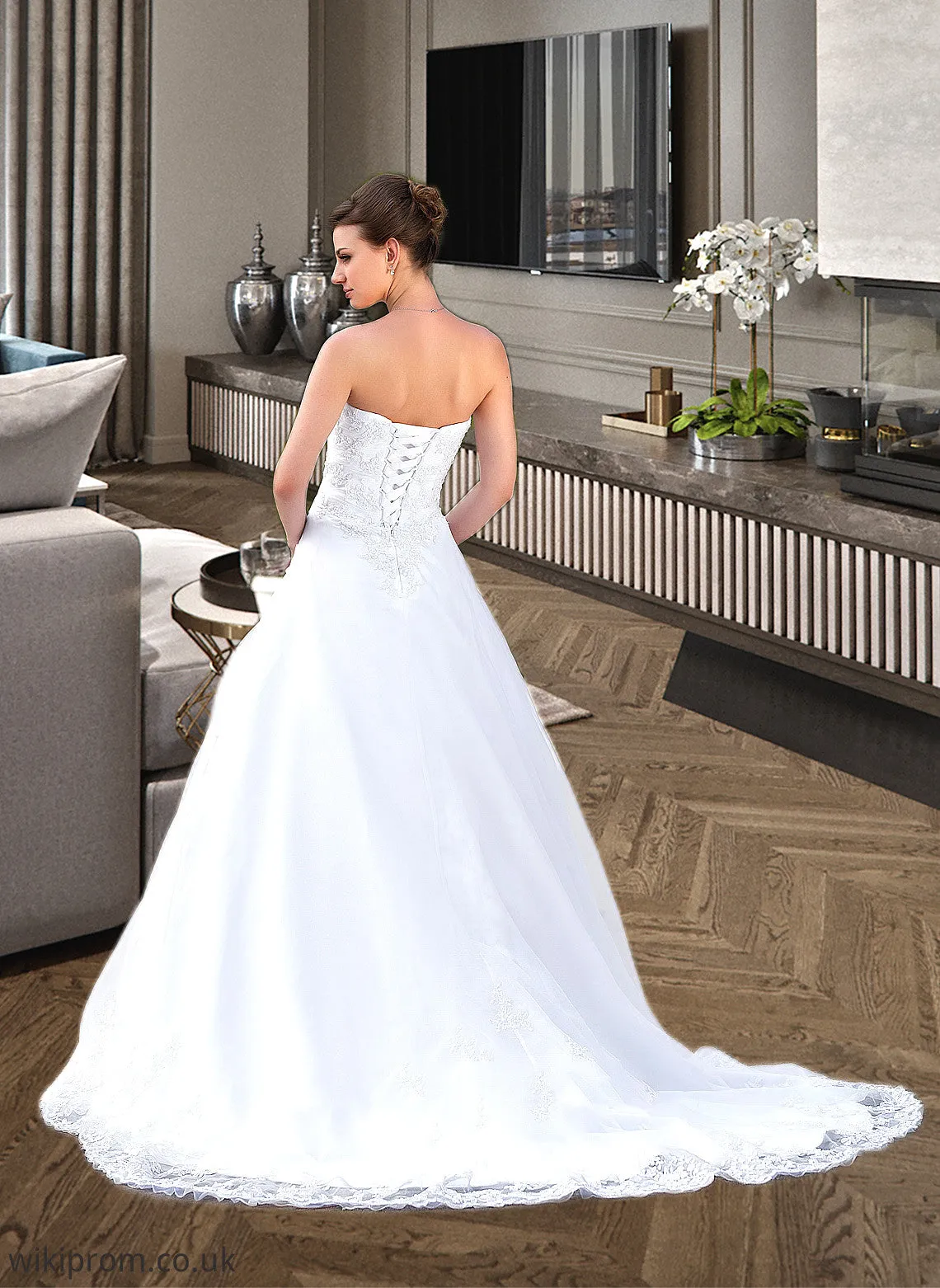 Karen Ball-Gown/Princess Strapless Chapel Train Satin Organza Wedding Dress With Lace Beading SWKP0013796