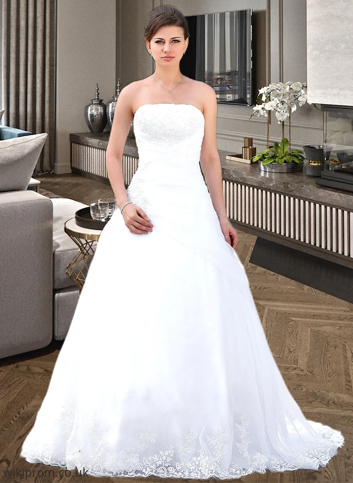 Karen Ball-Gown/Princess Strapless Chapel Train Satin Organza Wedding Dress With Lace Beading SWKP0013796
