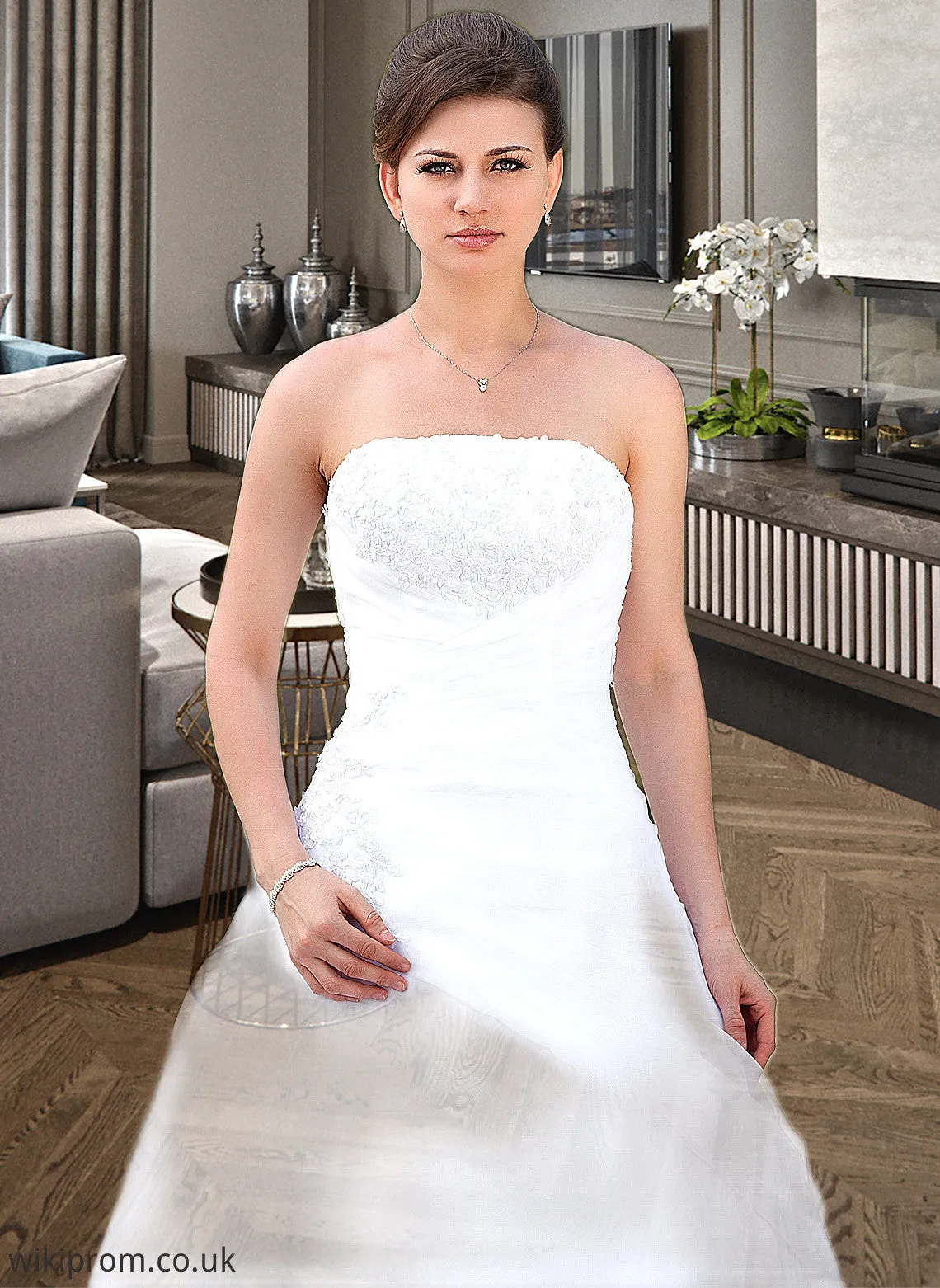 Karen Ball-Gown/Princess Strapless Chapel Train Satin Organza Wedding Dress With Lace Beading SWKP0013796